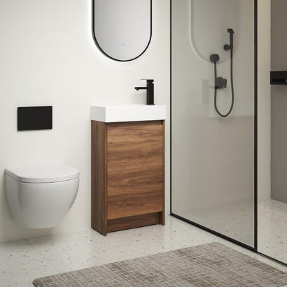 18-Inch Small Bathroom Vanity with Sink Mid-Century Bathroom Vanities with Top Basin Floor Wood Bathroom Sink Cabinet with Soft-Close Doors & Adjustable Storage Shelves(Walnut)