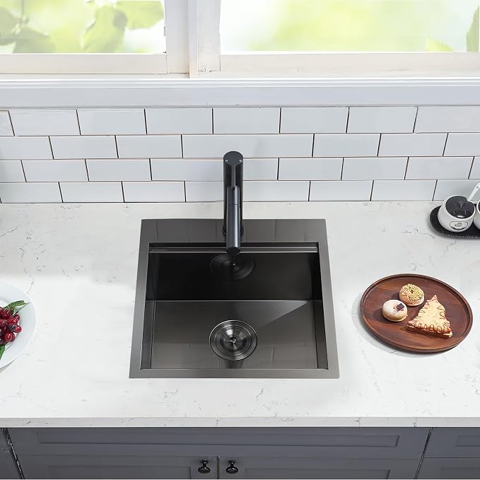 HOTIS 18 x 18 Inch Black Bar Sink Drop in Workstation Sink, Handmade Stainless Steel Wet Bar Sinks,Topmount RV Small Kitchen Sinks, Outdoor Single Bowl with Dish Grid & Drain & Cutting Board