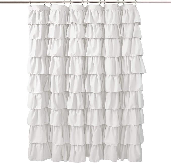 Lush Decor Ruffle Shower Curtain | Floral Textured Vintage Chic Farmhouse Style Design, White, 72" x 72"
