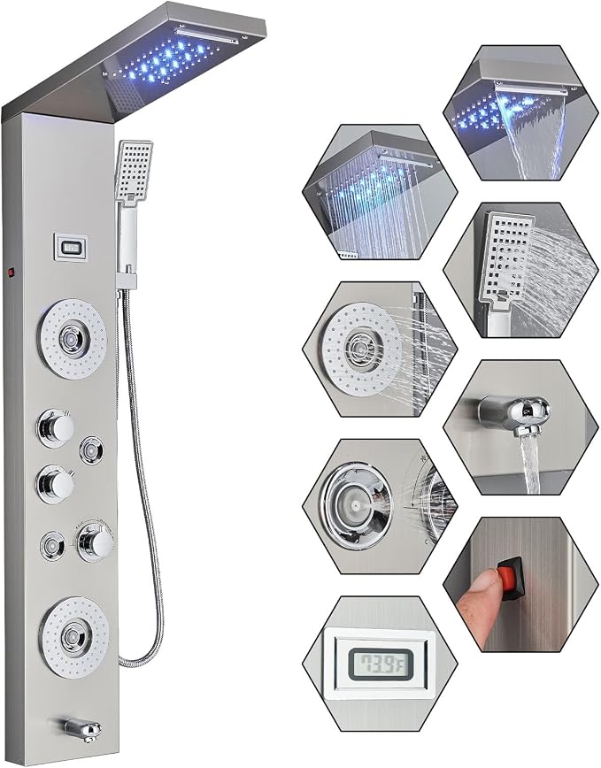 FUZ Shower Panel Tower System, Stainless Steel 6 Function Shower Panel System with LED Fancy Rain Shower Head and Handheld, Comfortable Rain Massage Body Jet and Tub Spout, Brushed Nickel Shower Tower