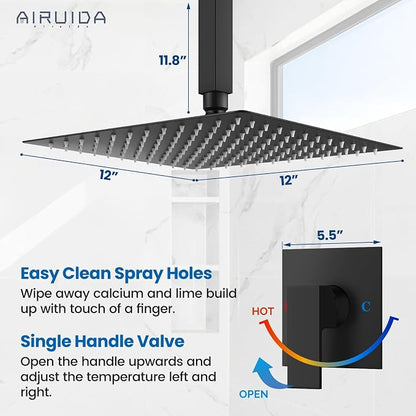 Airuida 12 Inch Matte Black Shower Faucet Set,Rainfall Shower System | Ceiling Shower Head,Male Thread Rough-in Valve,Ceiling Mount,Single Handle