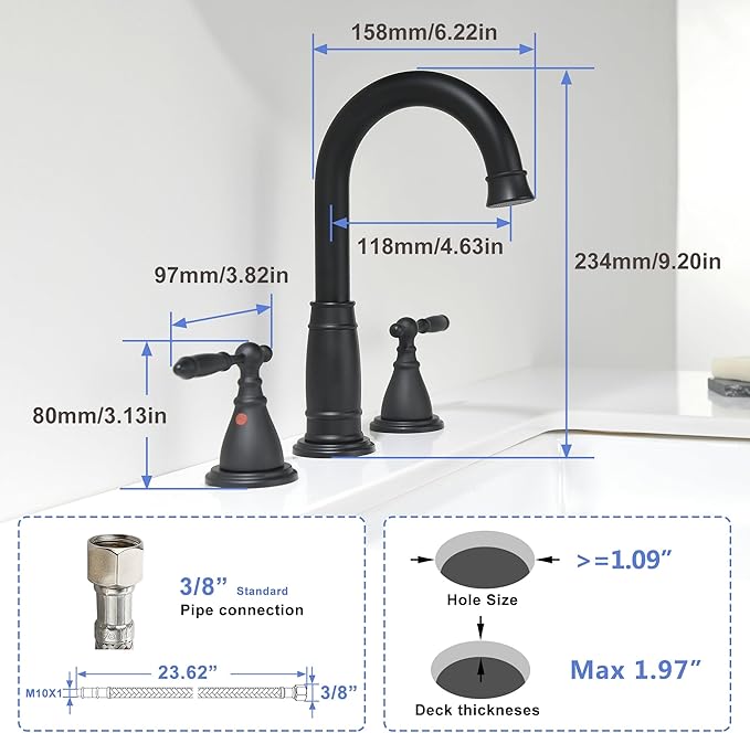 Black Widespread Bathroom Faucet 3 Holes - 8In Two Handles faucets for Bathroom Sink | Vintage Antique Lavatory Vanity Sink Faucets with Pop-up Drain Assembly & Supply Lines Matte Black