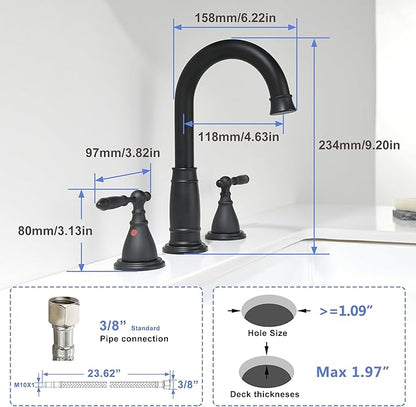 Black Widespread Bathroom Faucet 3 Holes - 8In Two Handles faucets for Bathroom Sink | Vintage Antique Lavatory Vanity Sink Faucets with Pop-up Drain Assembly & Supply Lines Matte Black