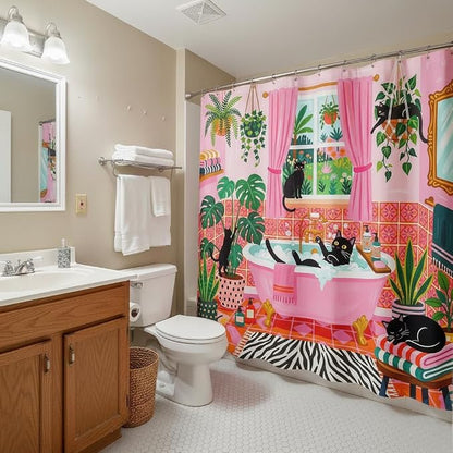 Accnicc Funny Cat Shower Curtain for Bathroom 72 X 78 Inches | Boho Cute Fun Black Cats Long Shower Curtains, Tropical Plant Pink Bathroom Decor, Water-Resistant Washable Polyester Fabric