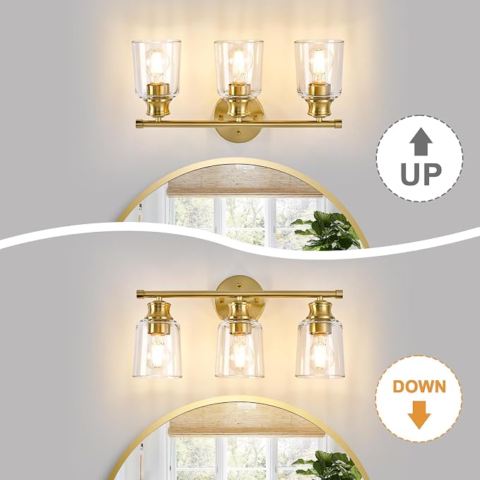 Bathroom Light Fixtures Over Mirror, 3 Lights Vanity Lights with Clear Glass Shade, 18.1" Gold Farmhouse Bathroom Wall Light Fixtures for Bedroom, Porch, Hotel, Mirror Cabinet