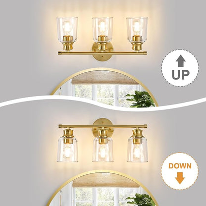 Bathroom Light Fixtures Over Mirror, 3 Lights Vanity Lights with Clear Glass Shade, 18.1" Gold Farmhouse Bathroom Wall Light Fixtures for Bedroom, Porch, Hotel, Mirror Cabinet