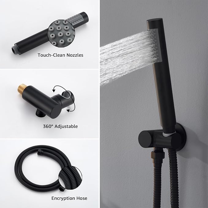 Iriber Mattle Black Round Rain Shower System with 4 PCS Body Jets 3 Function Shower Faucet Set Contain 12 Inch Shower Head and Handheld Wall Mounted Pressure Balance Shower Trim Kit (Valve Included)