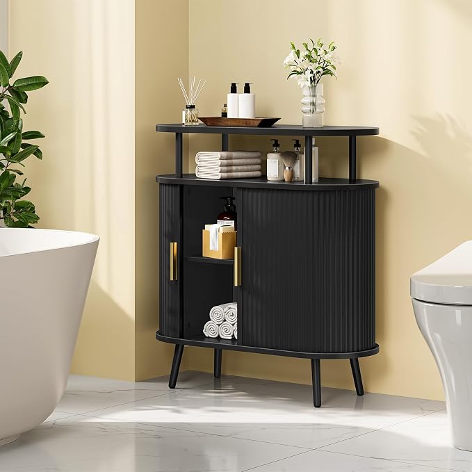 CHOEZON Bathroom Storage Cabinet, Bathroom Cabinet with Sliding Doors, Freestanding Floor Cabinet with Gold Handles, Modern Bathroom Organizer and Storage, for Bathroom, Kitchen, Entryway, Black