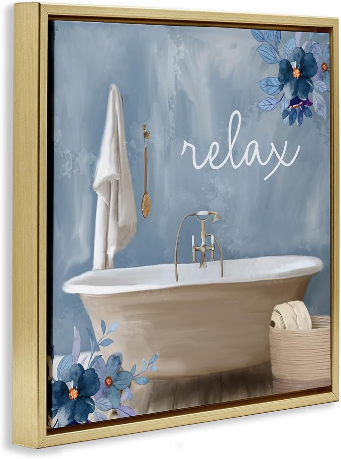 Blue Floral Bathroom Relax Scene, 17 x 17 Inch Canvas in Floater Frame | Stupell Industries · By Kim Allen · Ready to hang · Perfect for bath or laundry decor · Made in USA