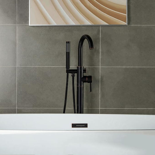 WOODBRIDGE Contemporary Single Handle Floor Mount Freestanding Tub Filler Faucet with Hand shower in Oil Rubbed Bronze Finish, F0010ORBRD