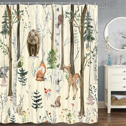 JAWO Rustic Forest Shower Curtains, Lodge Cabin Woodsy RV Shower Curtain, Wildlife Animals Woodland Campers Camping Bathroom Set with Hooks, 72X78 Inch, Beige
