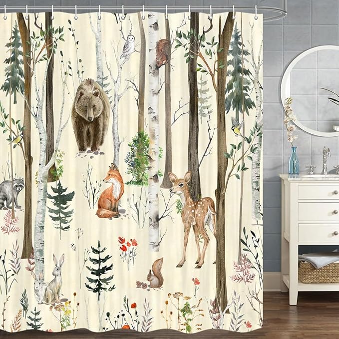 JAWO Rustic Forest Winter Shower Curtain for Bathroom, Country Hunting Bear Deer Wild Animals Farmhouse Christmas Shower Curtains, Cabin Nature Bathroom Set with Hooks, 70X70 Inch, Beige