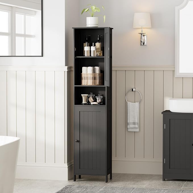 Homleke Tall Bathroom Storage Cabinet with 2 Doors, Slim Bathroom Cabinet | Narrow Storage Cabinet with Adjustable Shelves, Anti-Tip Design, Reversible Door, Easy Assembly, Black, 15.7''W
