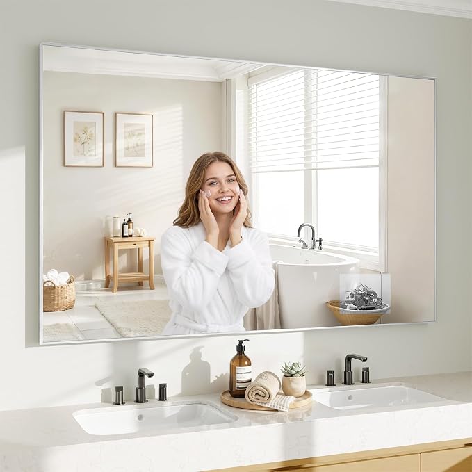 Koonmi Silver Rectangle Wall Mirror, 36x48 Inch Bathroom Mirror, Aluminum Frame Vanity Mirror for Entryway, Living Room, Bedroom Bathroom, Hangs Horizontally or Vertically