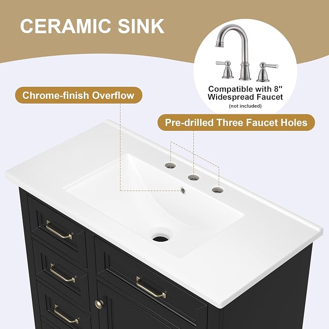 36" Bathroom Vanity with Ceramic Sink,Freestanding Storage Cabinet w/Soft-Close Door and 2 Tip-Out & 2 Drawers,Undermount Single Basin Bath Vanity Set w/Adjustable Shelf,Black