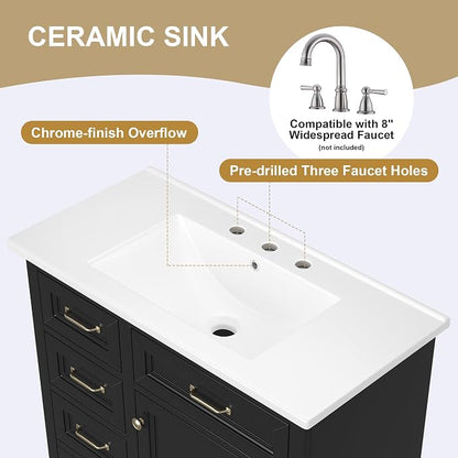 36" Bathroom Vanity with Ceramic Sink,Freestanding Storage Cabinet w/Soft-Close Door and 2 Tip-Out & 2 Drawers,Undermount Single Basin Bath Vanity Set w/Adjustable Shelf,Black