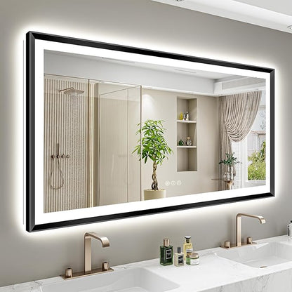 60x36 Black Framed LED Bathroom Mirror with Lights, Backlit and Front Light, Lighted Bathroom Vanity Mirror for Wall Dimmable Anti-Fog Memory Tempered Glass Horizontal/Vertical