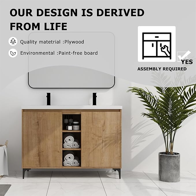 SSLine 48-Inch Bathroom Vanity with Double Sink Classic Floor Stand Bathroom Vanity with White Top Basin Double Sink Wood Bathroom Cabinet with Soft-Close Doors & Open Cubes (Imitative Oak)