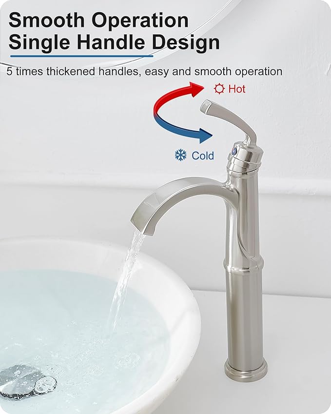Bathroom Vessel Sink Faucet Brushed Nickel, Brass Tall Waterfall Bathroom Faucet 1 Hole Bathroom Sink Faucet Single Handle Bathroom Faucets with Water Lines Pop-Up Drain