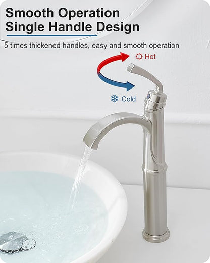 Bathroom Vessel Sink Faucet Brushed Nickel, Brass Tall Waterfall Bathroom Faucet 1 Hole Bathroom Sink Faucet Single Handle Bathroom Faucets with Water Lines Pop-Up Drain