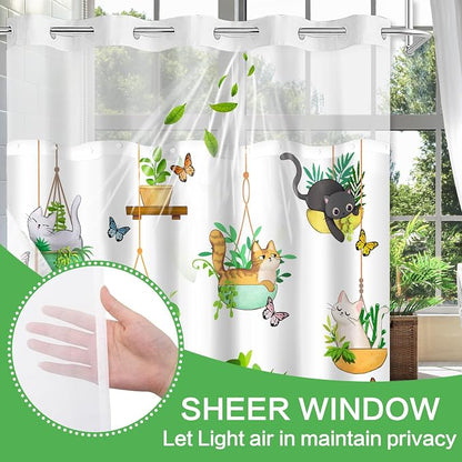 No Hook Shower Curtain Snap in Liner with 2 Replaceable Curtain Panels Pattern Waterproof Fabric Washable Shower Curtain Set for Bathroom Bathtub, Hotel Style with See Through Mesh Top Window 71 x 74"