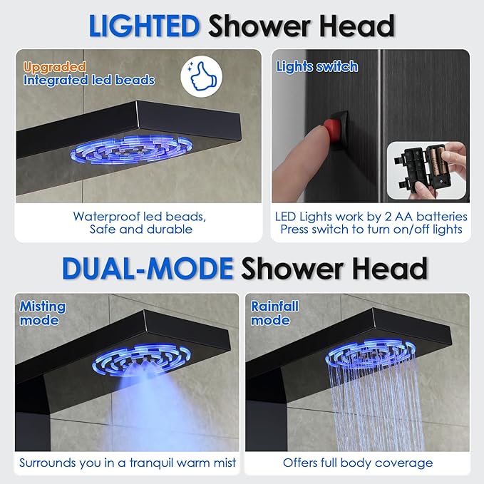 ROVOGO Shower Panel Tower System with Led Lights, 2-Mode Shower Head, 3 Body Jets, Handheld and Tub Spout, 46.5"H x 7.8"W Stainless Steel Shower Column with Mixer Valve, Black