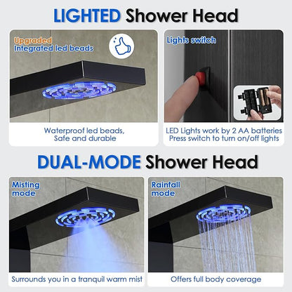 ROVOGO Shower Panel Tower System with Led Lights, 2-Mode Shower Head, 3 Body Jets, Handheld and Tub Spout, 46.5"H x 7.8"W Stainless Steel Shower Column with Mixer Valve, Black