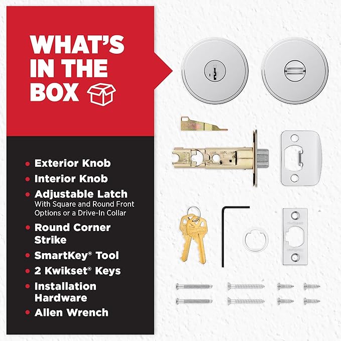 Kwikset Pismo Entry Door Knob with Lock and Key, Secure Keyed Handle Exterior Doorknob, Front Entrance and Bedroom, Polished Chrome, Pick Resistant SmartKey Rekey Security