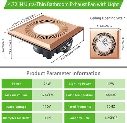 Bathroom Exhaust Fan with LED Light Vent Fans for Ceiling,Ventilation Fan Light Combo 374 CFM 1.2 Sones Quiet for Bathroom Shower Restroom Farmhouse - Adjustable Light 3000K/4000K/6500K