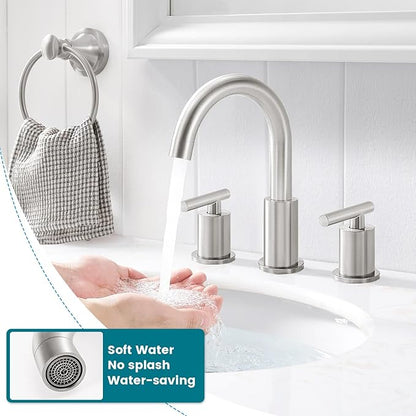 8 Inch Widespread Bathroom Faucet 3 Hole with Pop-up Drain, 2 Handle Bathroom Sink Faucet, Modern Vanity Faucet for Bathroom Sink with 360° Swivel Spout（Brushed Nickel）