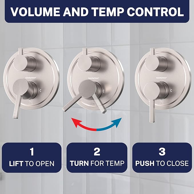 HammerHead Showers Solid Metal Two Handle Shower Valve and Trim Kit Brushed Nickel, Diverts Water Controls Volume and Temperature, Rough-In Shower Trim Kit with Valve and Pressure Balance Shower Valve