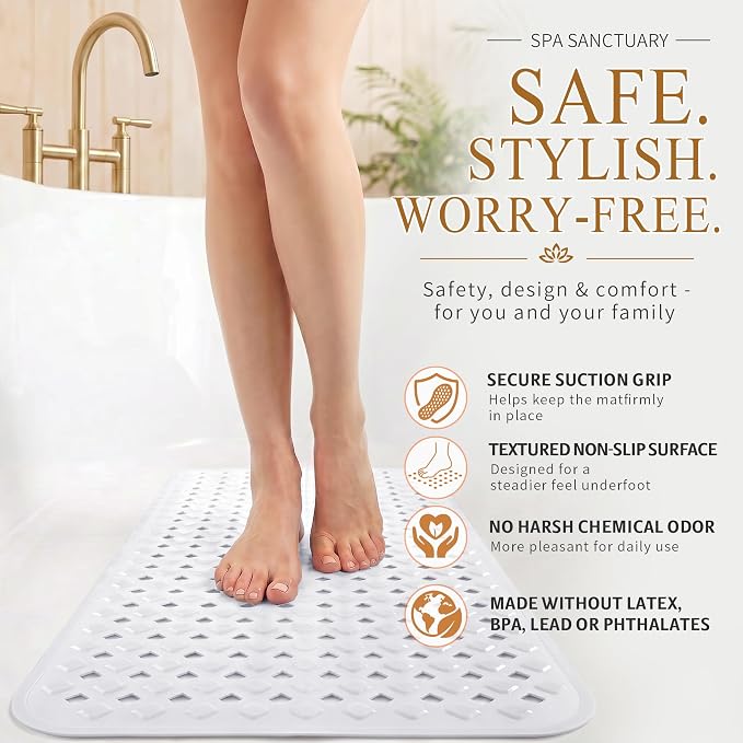 Yimobra Shower Mat, Bathtub Mat Non Slip, Big Drain Holes, 28x16, White | Strong Suction Cups, Anti Slip Bath Tub Mat for Inside Shower, Machine Washable Fast Drying, Bathroom Essentials