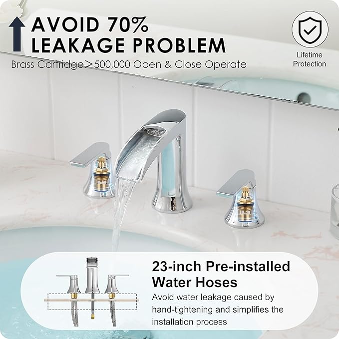 Chrome Modern Bathroom Faucet Waterfall 4-8 Inch 3 Hole Bathroom Sink Faucet Widespread with Pop-up Drain and cUPC Supply Line, 2 Handle for Vanity, Lavatory, Restroom, Apartment, Brass Material