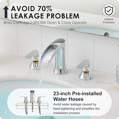Chrome Modern Bathroom Faucet Waterfall 4-8 Inch 3 Hole Bathroom Sink Faucet Widespread with Pop-up Drain and cUPC Supply Line, 2 Handle for Vanity, Lavatory, Restroom, Apartment, Brass Material