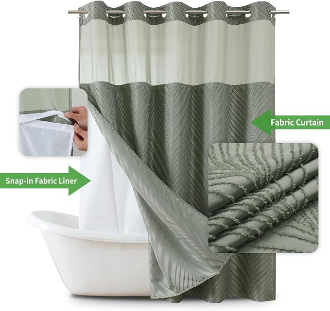 eachope no Hook Shower Curtain and Liner Set，Boho Style with See Through Top Window, Black Fabric Tufted Striped Textured Outer Curtain & Waterproof Inner Liner, SageGreen, 71Wx80H