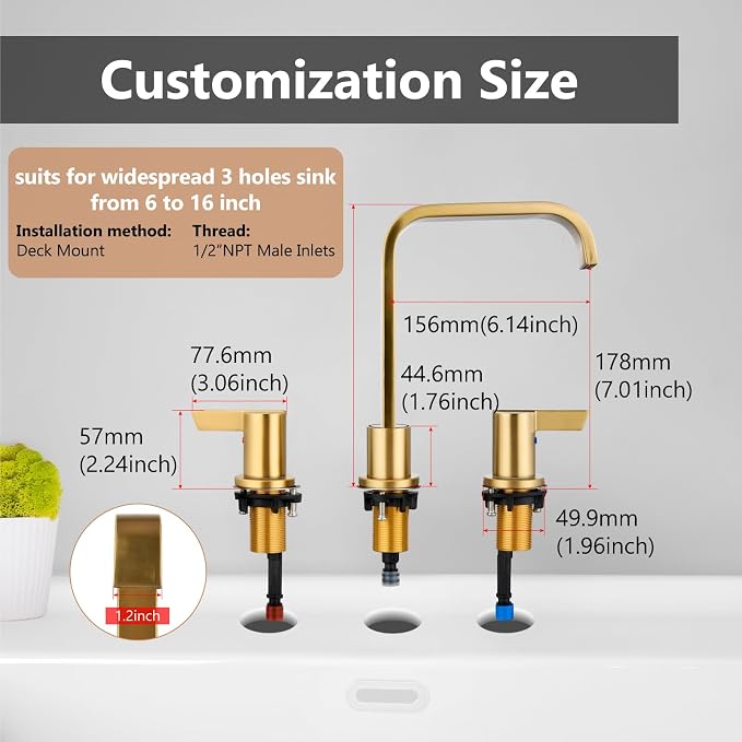 Brushed Gold Bathroom Faucet 3 Hole 8 Inch Widespread Waterfall | 2-Handle Vanity Faucet, Pop-Up Drain, Supply Lines, Adjustable 4- to 16-Inch Widespread Fit, 360° Swivel Spout