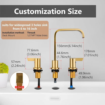 Brushed Gold Bathroom Faucet 3 Hole 8 Inch Widespread Waterfall | 2-Handle Vanity Faucet, Pop-Up Drain, Supply Lines, Adjustable 4- to 16-Inch Widespread Fit, 360° Swivel Spout