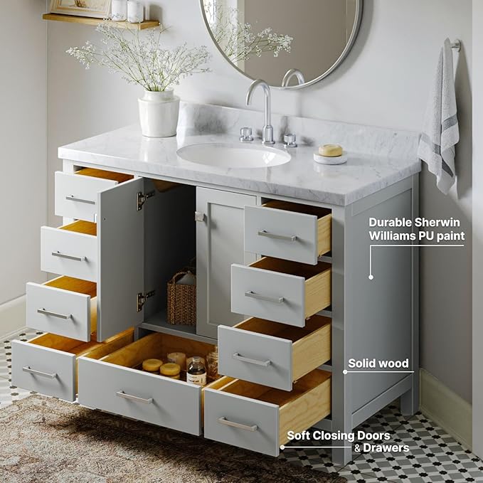 ARIEL Cambridge 48-inch Bathroom Vanity with Sink,Solid Wood, 1.5-inch Italian Carrara Marble Countertop & Backsplash, Single Oval Porcelain Sink, 2 Soft Closing Doors, 9 Dovetail Drawers, Grey