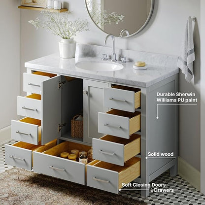 ARIEL Cambridge 48-inch Bathroom Vanity with Sink,Solid Wood, 1.5-inch Italian Carrara Marble Countertop & Backsplash, Single Oval Porcelain Sink, 2 Soft Closing Doors, 9 Dovetail Drawers, Grey