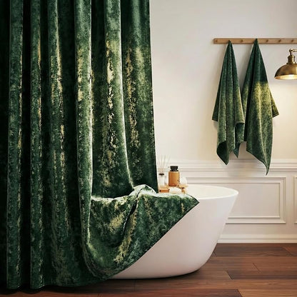 TAMGHO Extra Long Shower Curtain 84 inch Height, Crushed Velvet XL Shower Curtain Set with 12 Gold Hooks, Waterproof Thick Fabric, Machine Washable, 72W x 84H, Dark Green