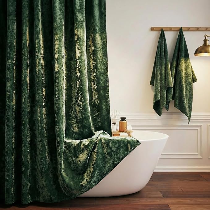 TAMGHO Crushed Velvet Shower Curtain, Dark Green Luxury Shower Curtain with Gold Decro Metal Hooks, Machine Washable Thick Fabric Bathroom Curtain, 72x72