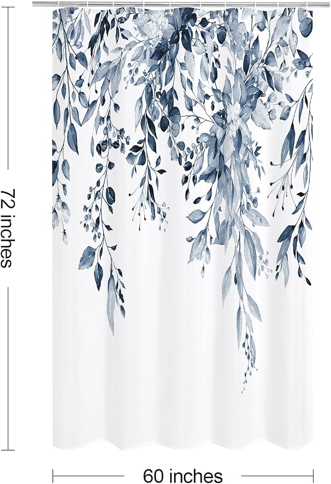Navy Eucalyptus Shower Curtain, Watercolor Floral Print, 60x72 | Watercolor Plant Leaves Floral Print, Waterproof Fabric Bathroom Decor, Machine Washable, Rustproof Grommets