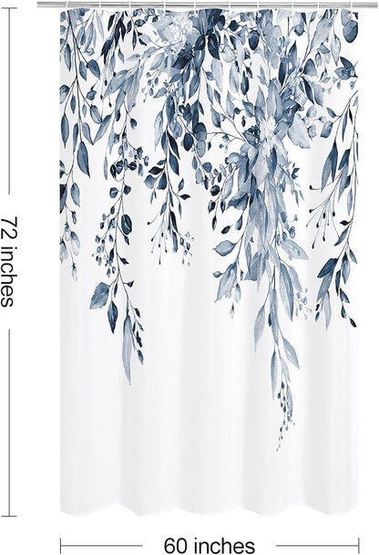 Navy Eucalyptus Shower Curtain, Watercolor Floral Print, 60x72 | Watercolor Plant Leaves Floral Print, Waterproof Fabric Bathroom Decor, Machine Washable, Rustproof Grommets