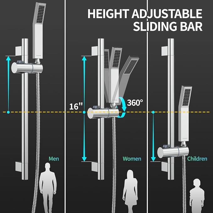 SR SUN RISE 12 Inch Square Shower System with Slide Bar,Polished Chrome | Rain Head and Handle System,16" Adjustable Shower Slide Bar,Soild Brass,Wall Mount,Included Valve and Trim Kit