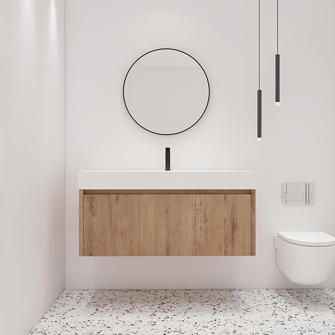 Malwee 48 Inch Floating Bathroom Vanity with Sink, 48'' Single Sink Wall Mounted Bathroom Vanity, with 2 Doors and White Resin Basin Top, Wall Hung Storage Cabinet Set (035-48)