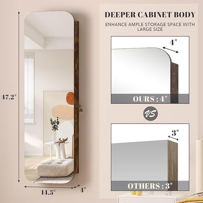 Vlsrka 47.2" Wall/Door Mounted Jewelry Cabinet Organizer Armoire W/Mirror | 6 LEDs, Over The Door Hanging Jewelry Organizer with Rounded Corner Mirror, Lockable Full Length Mirror with Storage, Brown