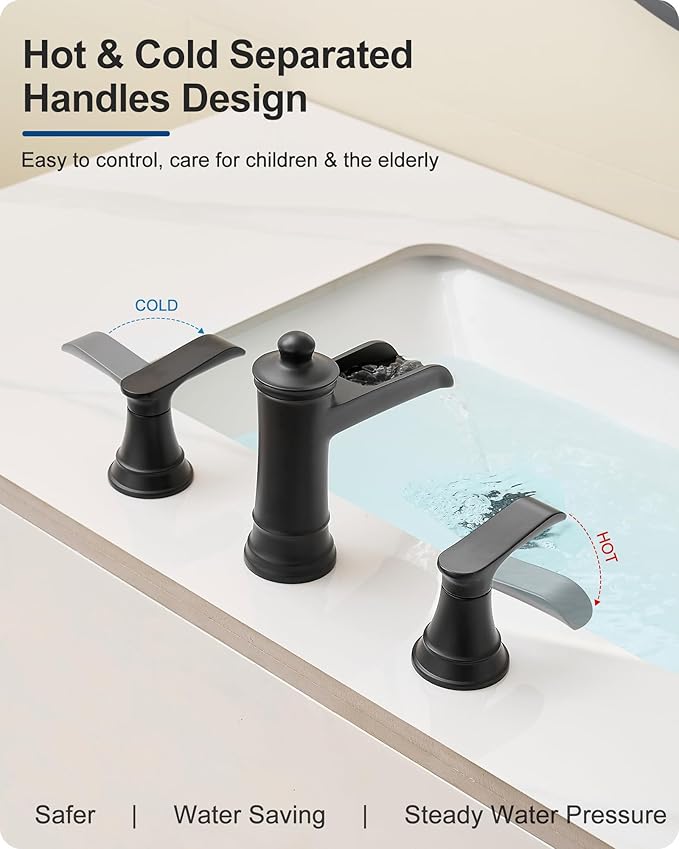 4-16 Inch Widespread Black Bathroom Faucet 3 Hole, Brass Waterfall Bathroom Sink Faucet 2 Handles with Pop-up Drain & cUPC Water Hoses for Vanity, Farmhouse, Lavatory
