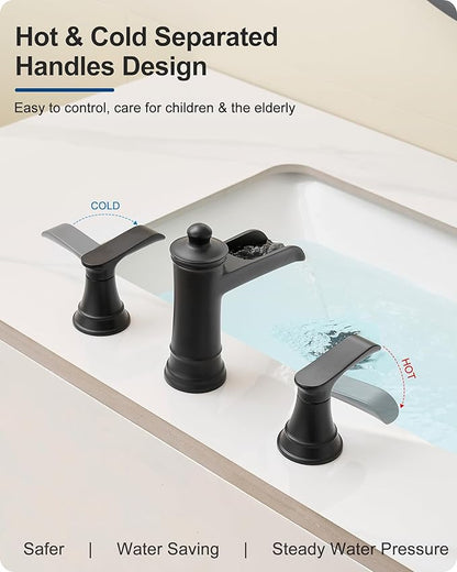 4-16 Inch Widespread Black Bathroom Faucet 3 Hole, Brass Waterfall Bathroom Sink Faucet 2 Handles with Pop-up Drain & cUPC Water Hoses for Vanity, Farmhouse, Lavatory