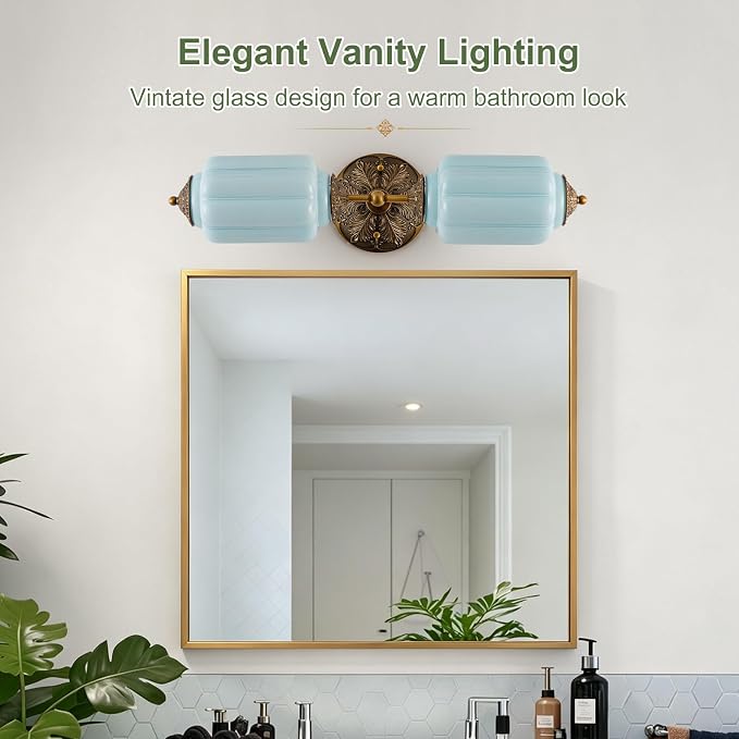 Vintage Milk Glass Bathroom Vanity Light, 2-Light Vintage Wall Sconce with Antique Brass Finish Base & Mint Blue Glass Shad, Wall Sconce Lighting for Mirror, Living Room, Gallery (Bulbs Included)
