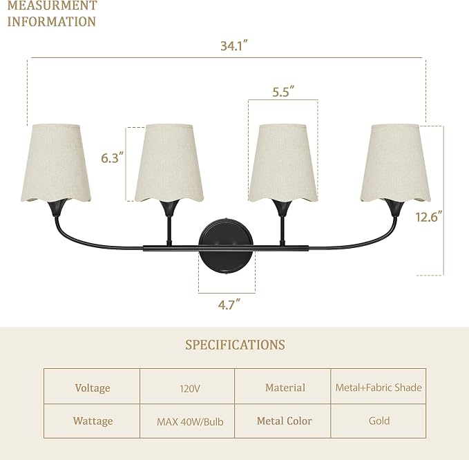 Morauroral Bathroom Light Fixtures Over Mirror, 4 Light Vanity Light for Bathroom, Black Vanity Light Fixtures with Fabric Linen Shade, E26 Socket Sconce Wall Decor(ETL Listed)